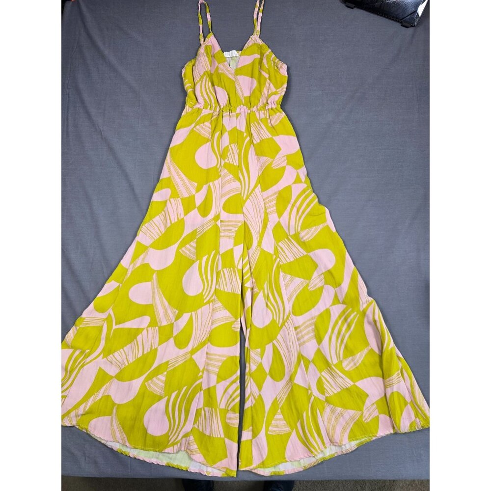 Impressions Pink Lime Green Wide Leg Jumpsuit Small Boho